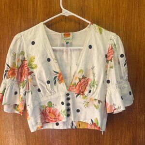 Farm Rio Floral + Polka Dop Crop Plunging Neckline 3/4 Sleeve Top